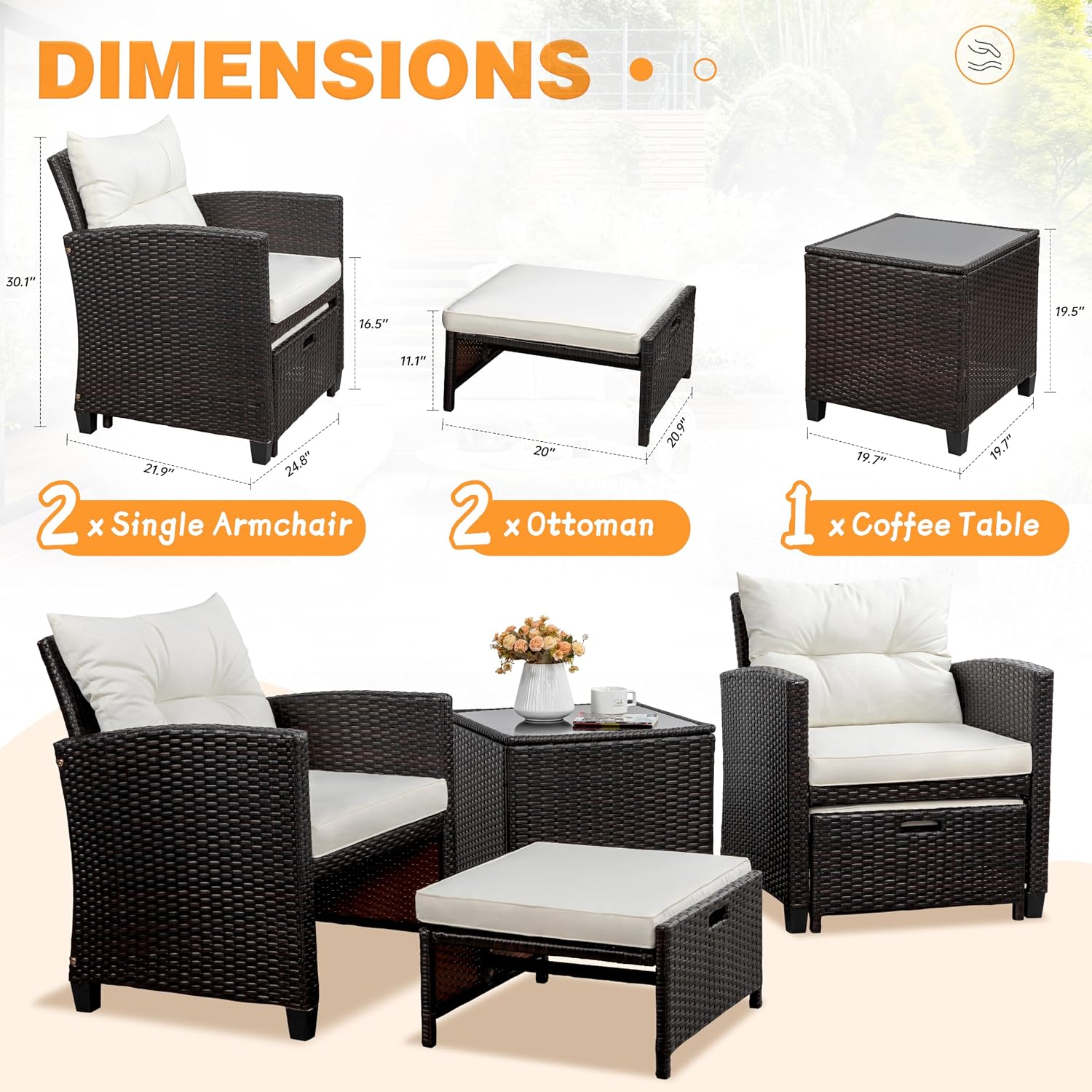 Shintenchi 5 Pieces Patio Furniture Set, Outdoor Wicker Patio Conversation Set with Ottoman, All Weather Rattan Outside Chairs with Coffee Table & Cushion for Porch, Garden, Backyard, Beige