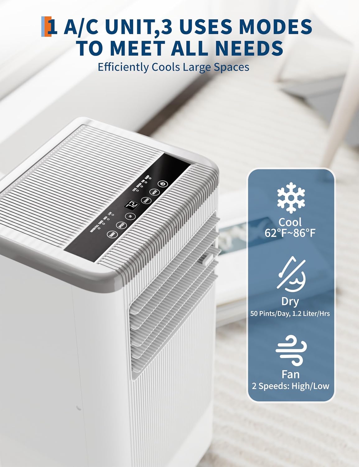 GarveeTech 10,000 BTUs Portable Air Conditioners with Heater, 3 in-1 Cooling AC Portable Air Conditioner for Room with Sleep Mode, Ventless Floor Air Conditioner, 3 Speeds Fan & Dehumidifier