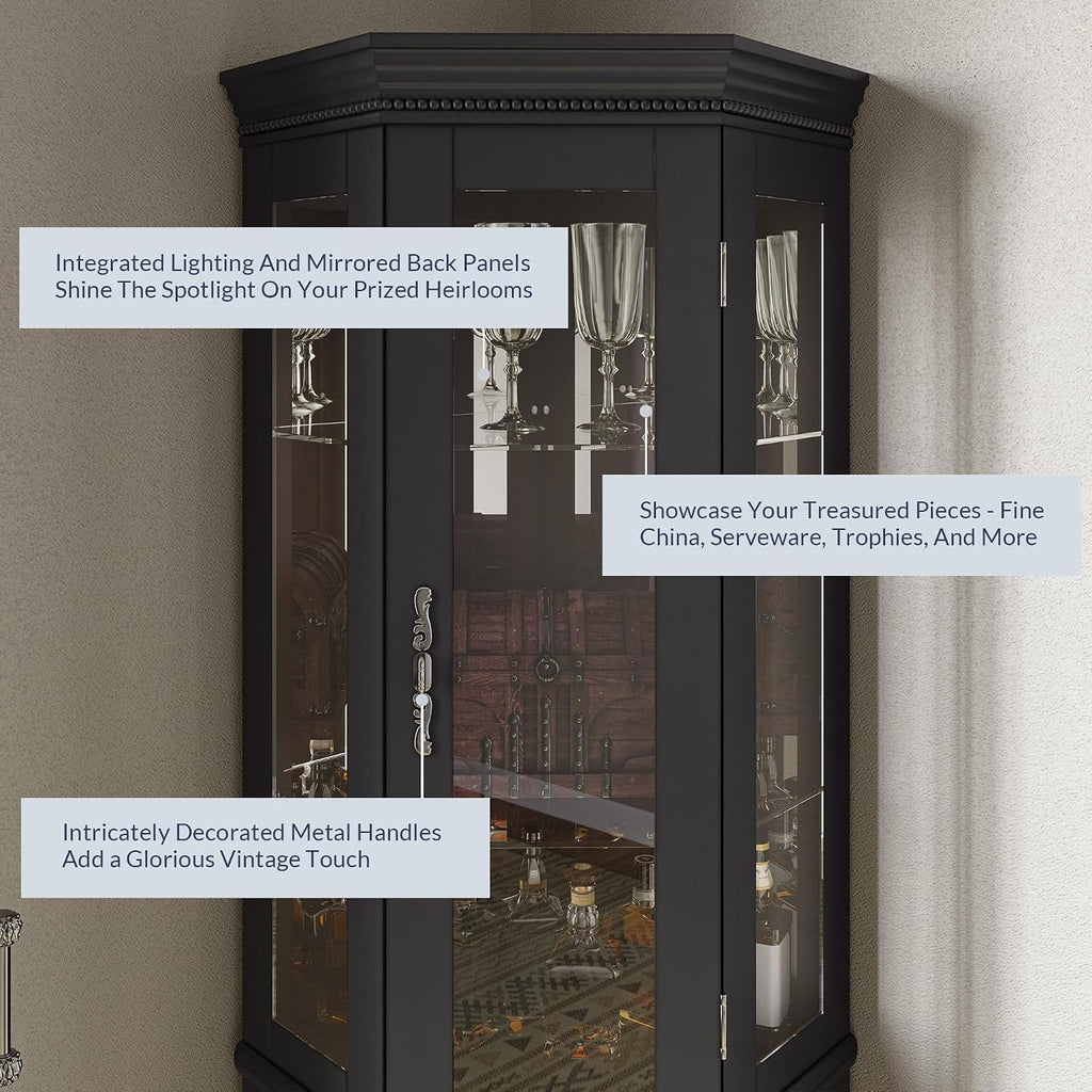 BELLEZE Lighted 3-Side Glass Display Curio Cabinet w/Tempered Glass Doors & Shelves, Accent Wooden Corner Cabinet with Bulb, Corner Storage Decoration Rack for Living Room & Bed-Room Corona (Black)