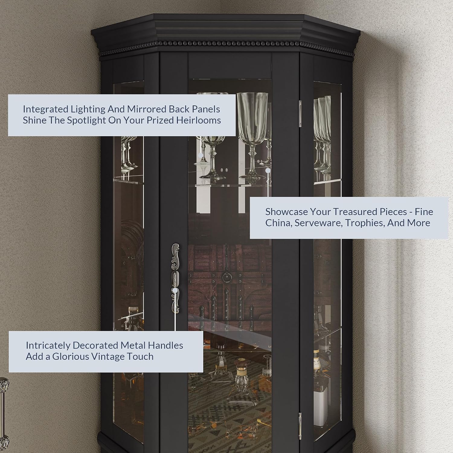 BELLEZE Lighted 3-Side Glass Display Curio Cabinet w/Tempered Glass Doors & Shelves, Accent Wooden Corner Cabinet with Bulb, Corner Storage Decoration Rack for Living Room & Bed-Room Corona (Black)