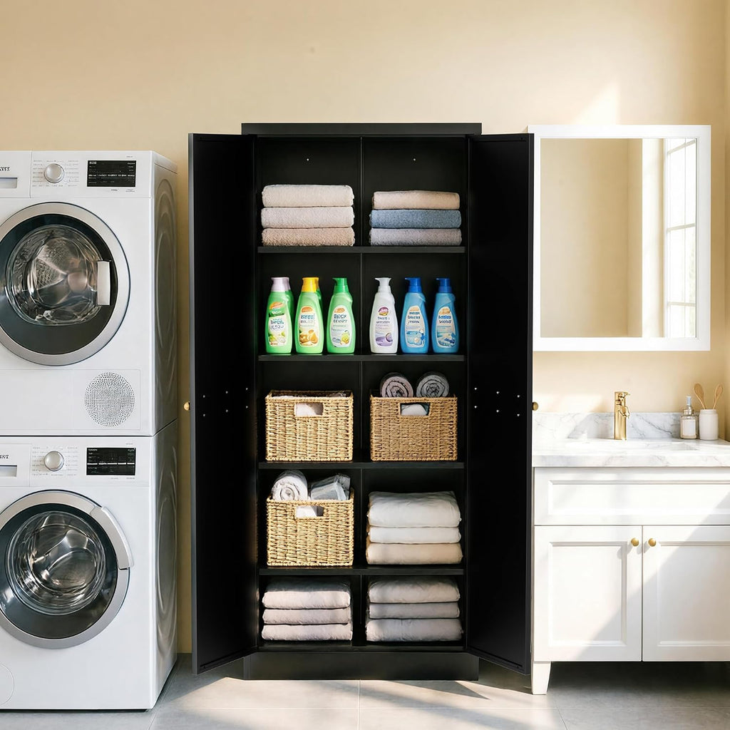 5-Tier Black Steel Pantry Storage Cabinet with 2 Doors & 4 Adjustable Shelves, Tall Metal Cabinets for Kitchen, Living Room, Garage, Heavy Duty Freestanding Utility Cabinet, Assembly Require