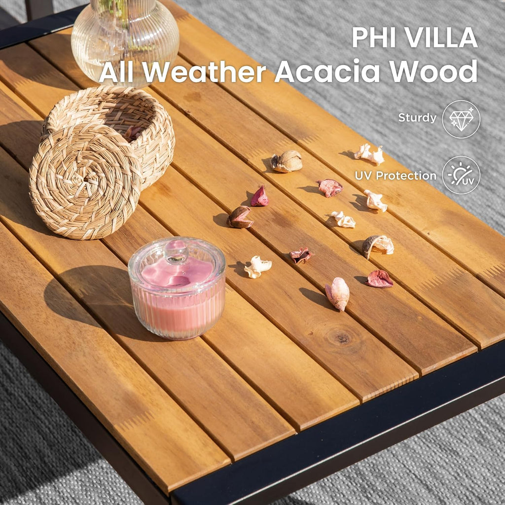 PHI VILLA Patio Wicker Furniture Set for 4, Brown Rattan Loveseat & Chairs with Beige Cushions & Acacia Wood Coffee Table, Outdoor Conversation Sofa Set for Deck, Yard, Porch (Round Hole Back)