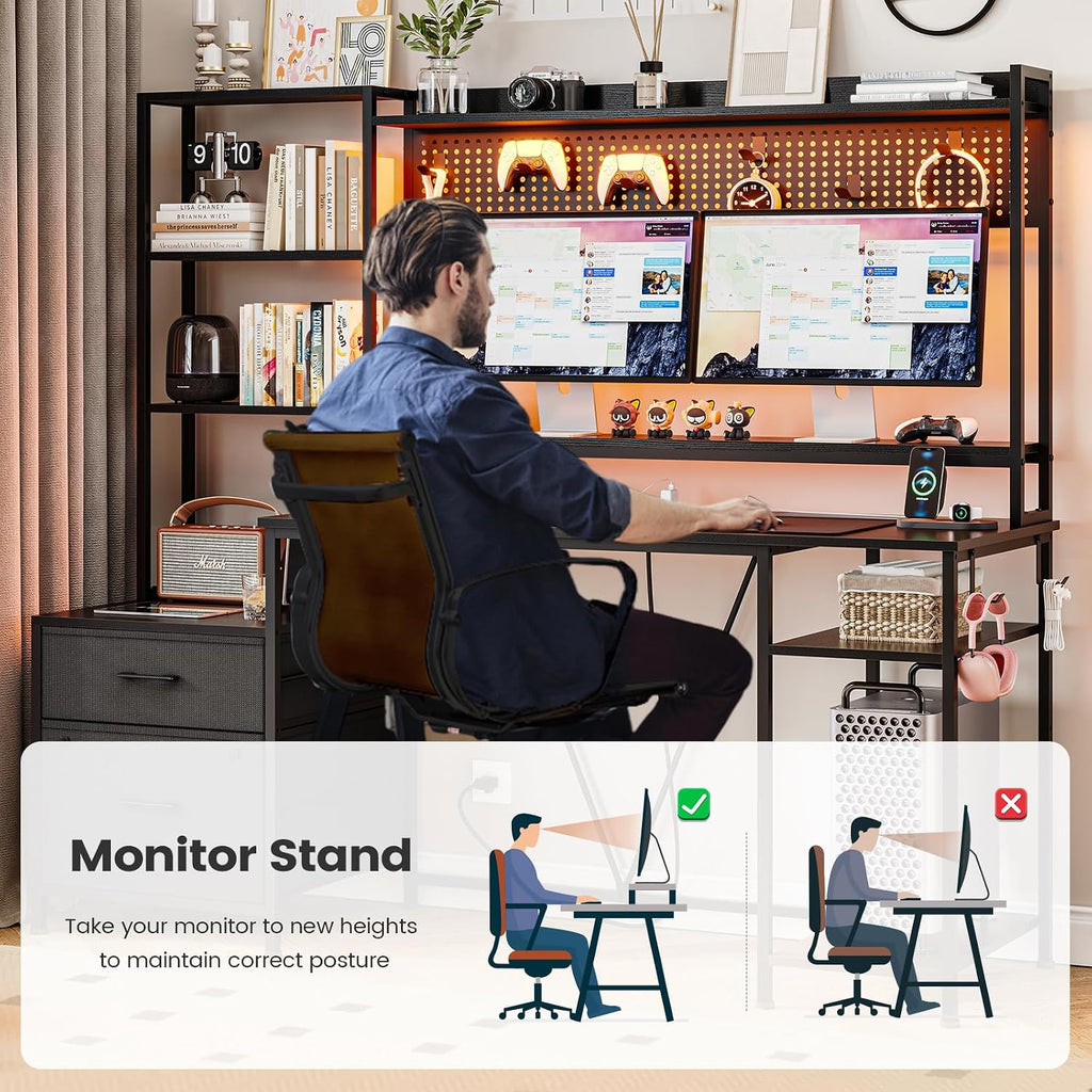 UPOSOJA Gaming Desk with Hutch, 65in Reversible Computer Desk with Power Outlets LED Light, Home Office Desk with Monitor Stand 2 Drawers 4 Storage Shelves Pegboard 8 Hooks Mouse Pad (Black)