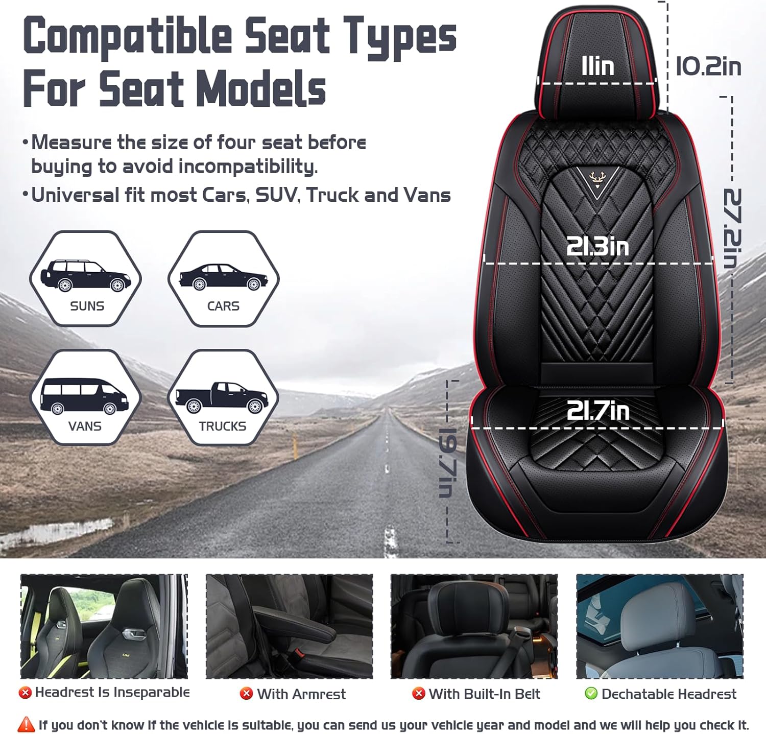 Car Seat Covers for Dodge Dart 2013-2016, Waterproof Nappa Leather Front Seat Cover with Headrests, Anti-Slip and Comfortable Automotive Seat Protector&Accessories(Black Red)