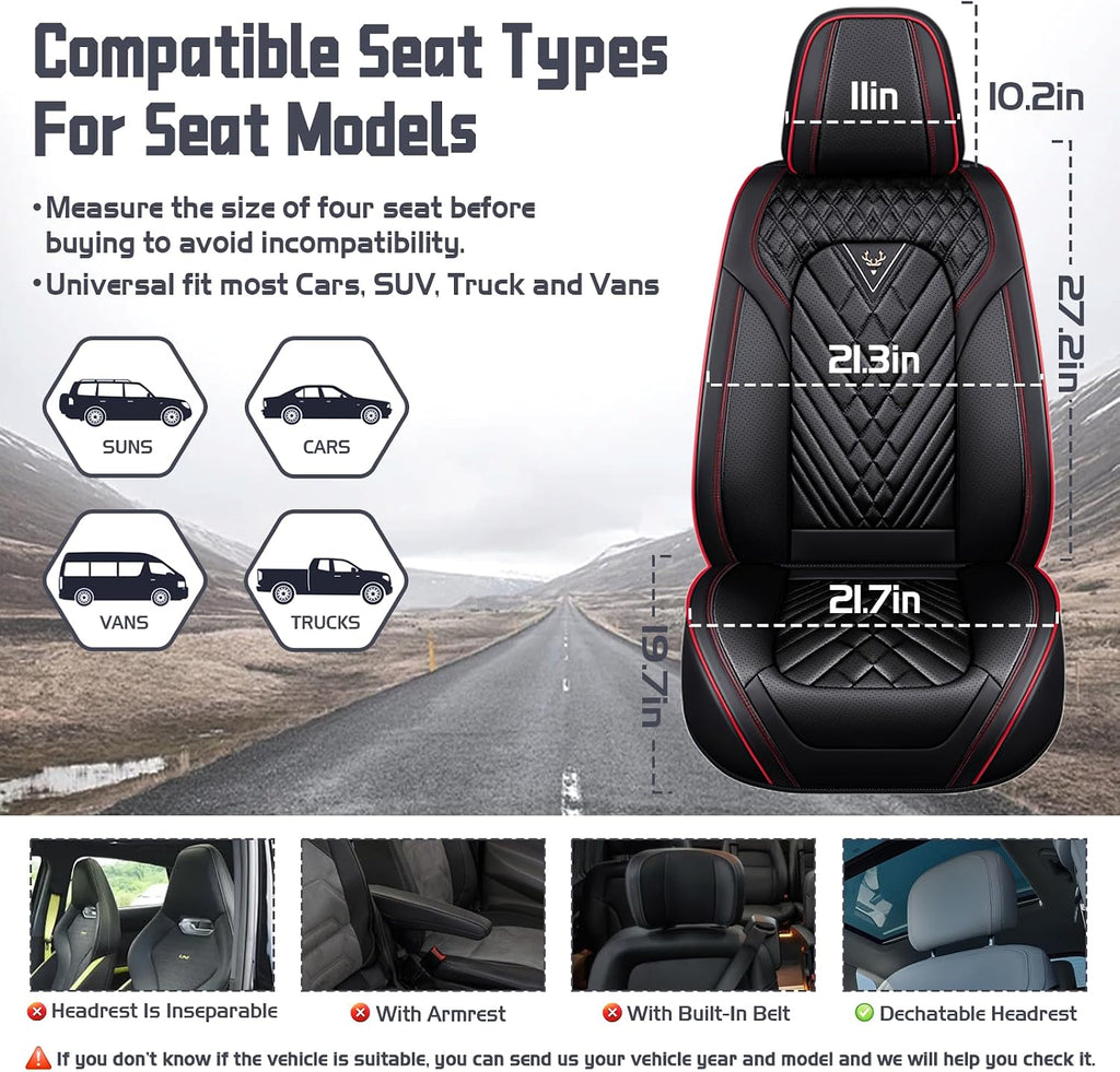Car Seat Covers for Dodge Dart 2013-2016, Waterproof Nappa Leather Full Set Seat Cover with Headrests, Anti-Slip and Comfortable Automotive Seat Protector&Accessories(Black Red)