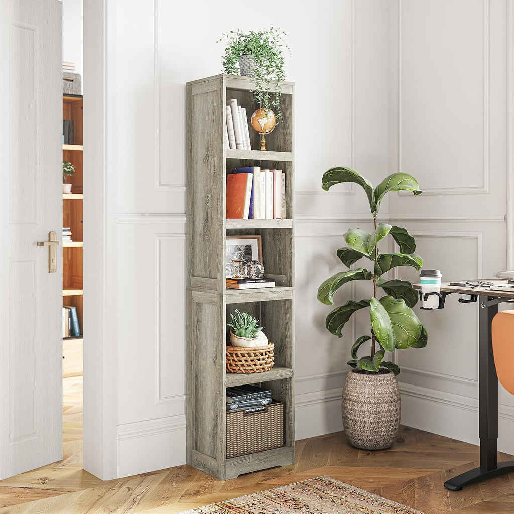 LINSY HOME 5-Shelf Bookcase, Narrow Bookshelves Floor Standing Storage Shelves 68 in Tall Bookcase Home Decor Furniture for Home Office, Living Room, Bed Room - Light Brown