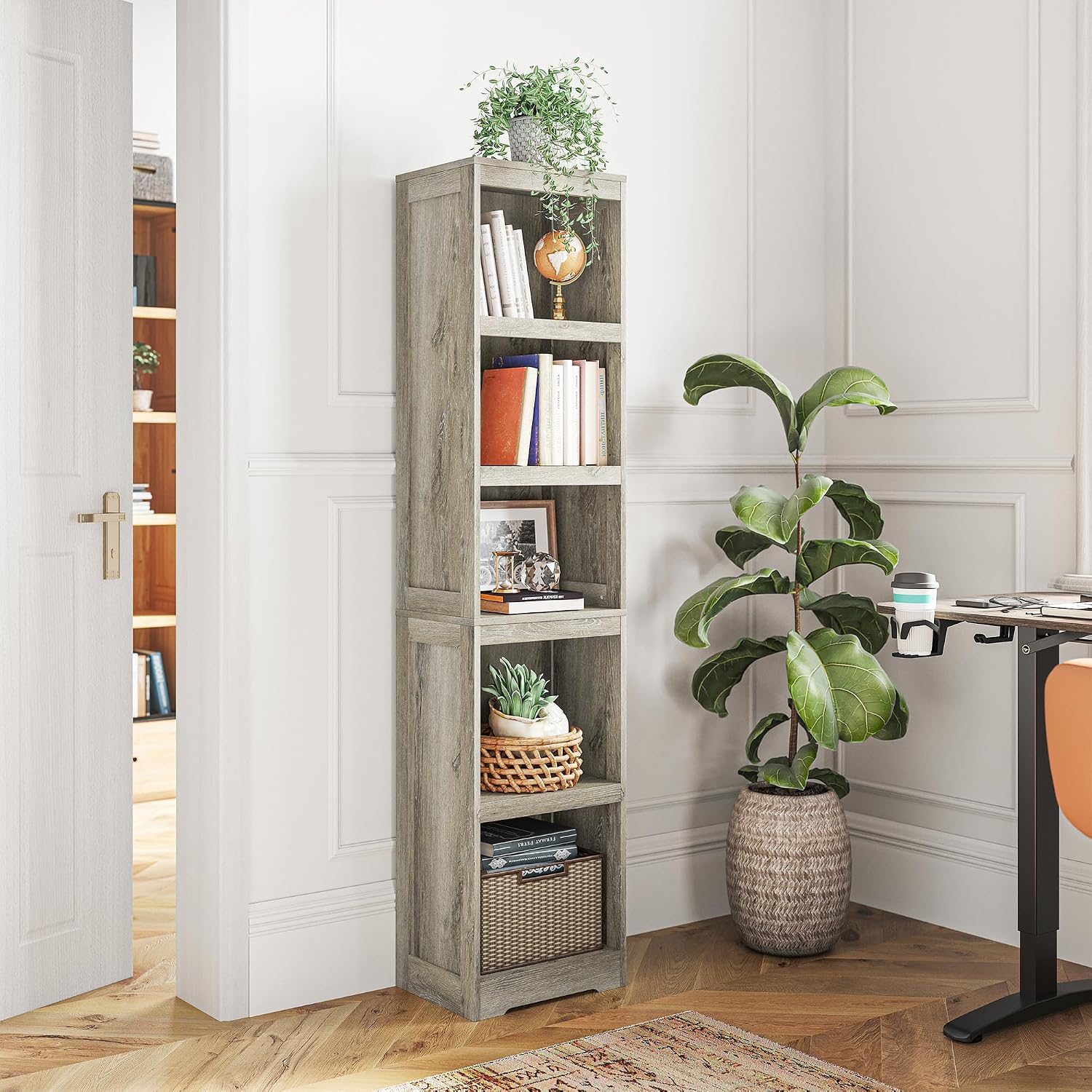 LINSY HOME 5-Shelf Bookcase, Narrow Bookshelves Floor Standing Storage Shelves 68 in Tall Bookcase Home Decor Furniture for Home Office, Living Room, Bed Room - Light Brown