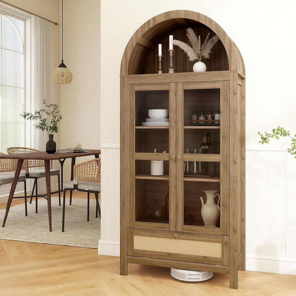 TYBOATLE 71' Tall Arched Pantry Cabinet with Innovative Drawer, Kitchen Cabinet with Anti-Tipping Device and Glass Door, Versatile Cupboard for Kitchen, Dining, Natrual