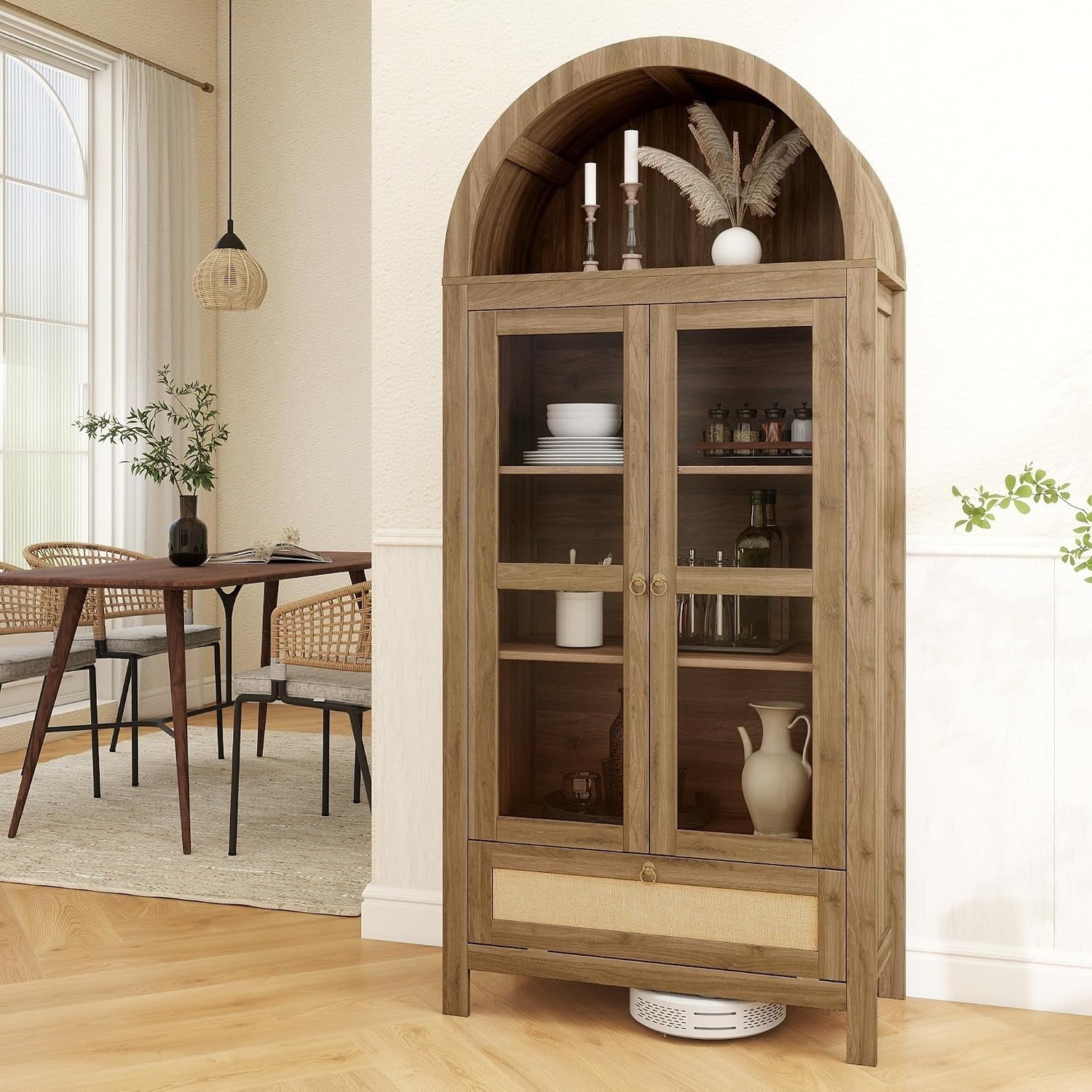 TYBOATLE 71' Tall Arched Pantry Cabinet with Innovative Drawer, Kitchen Cabinet with Anti-Tipping Device and Glass Door, Versatile Cupboard for Kitchen, Dining, Natrual