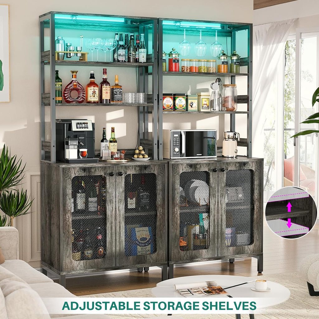 Aheaplus Bar Cabinet with Power Outlets, 67' Tall Wine Bar Cabinet Liquor Cabinet with LED Lights and Glass Holder, Coffee Bar Station for Living Room, Microwave Stand Bakers Rack Cabinet, Black Oak