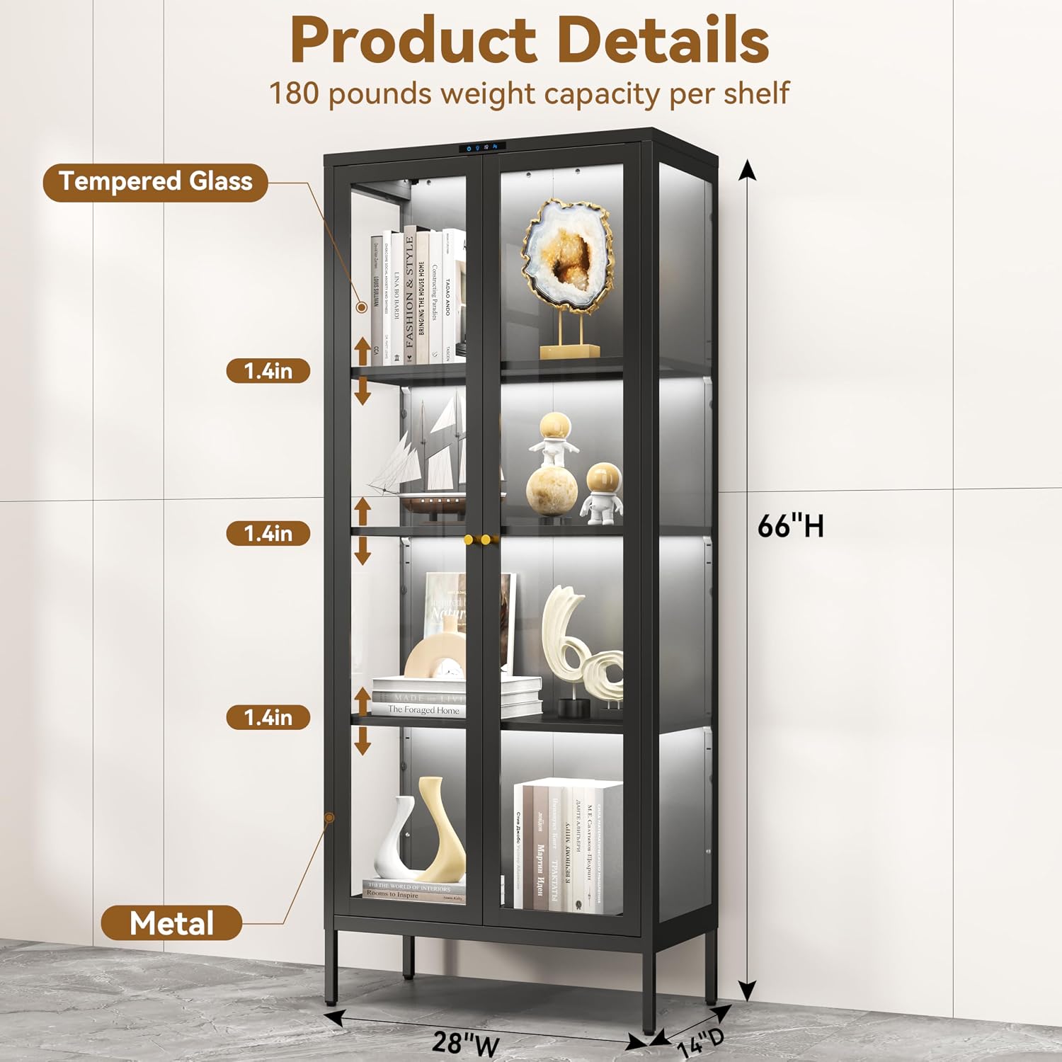 Polup Glass Display Cabinet with 8-Color LED Lights, Black Curio Cabinet with Glass Doors, 66 Inch Tall Display Case for Collectibles, Metal Storage Cabinet for Living Room, Assembly Required