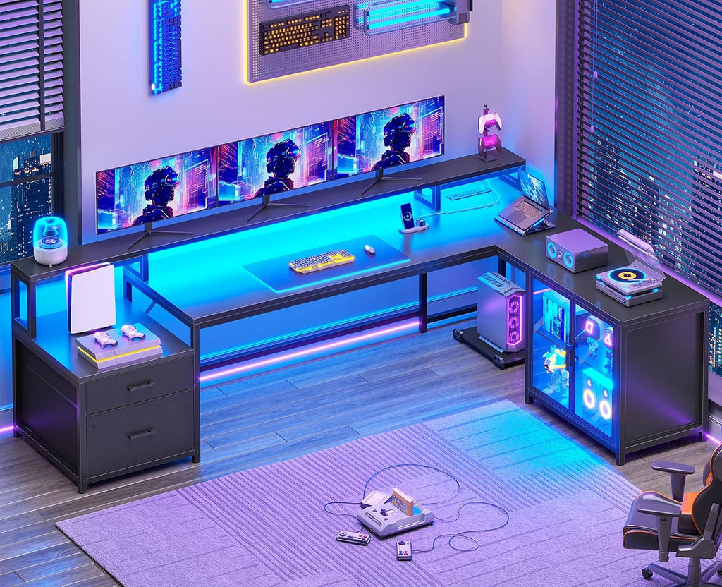 SEDETA L Shaped Gaming Desk, 78.7' Large Computer Desk with Drawers and Power Outlet & LED Light, Corner Gaming Desk with Storage Shelves, Display Cabinet for Home Office, Black