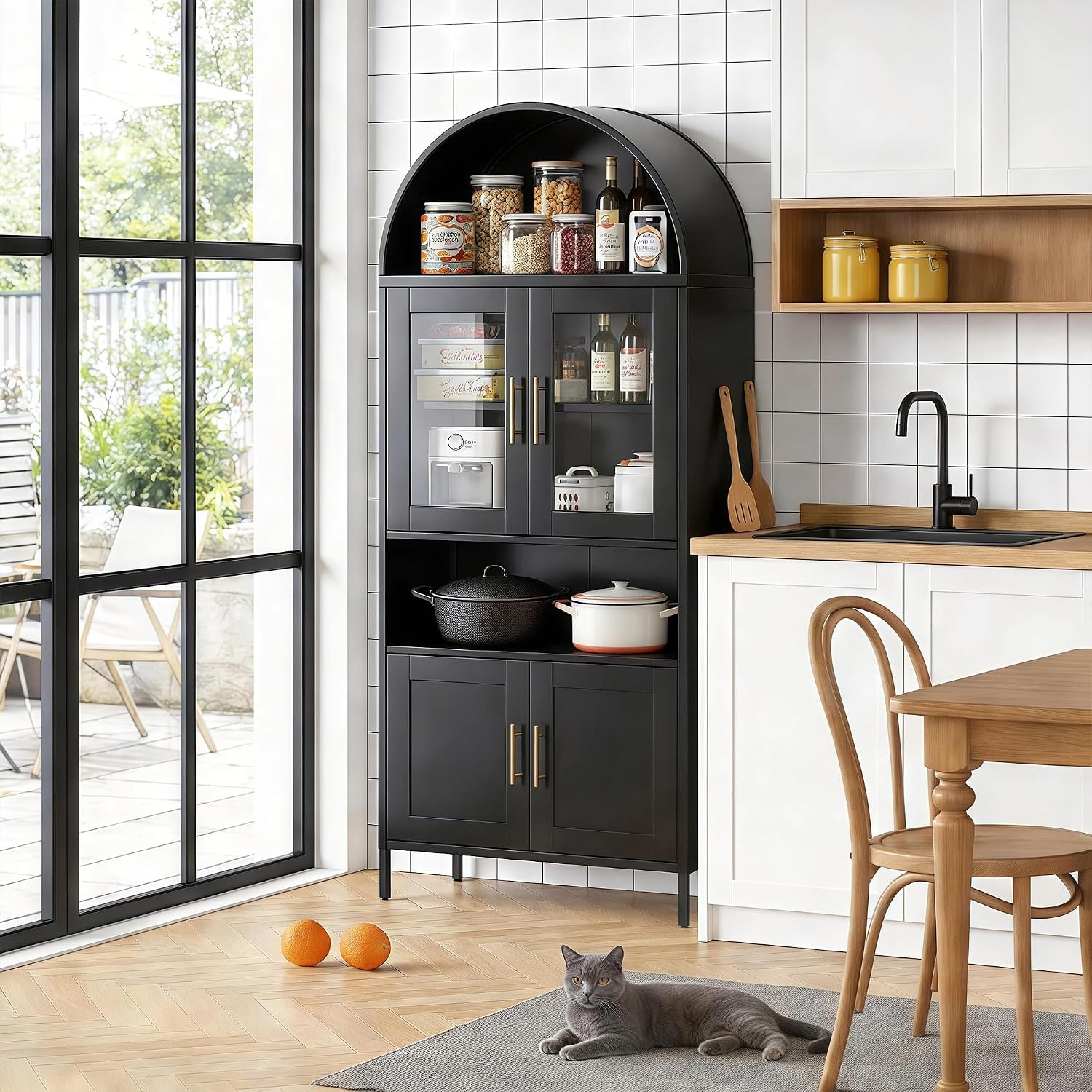 VEXPOR 73' Tall Arched Kitchen Pantry Cabinet with Doors, Metal Arched Hutch Cabinet for Kitchen, Dining Room, Living Room, Assembly Required, Black
