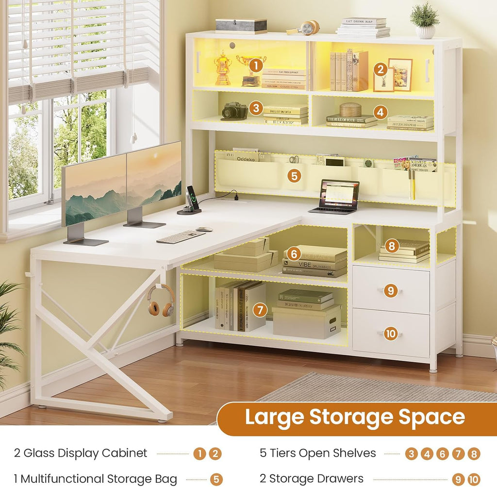 SEDETA L Shaped Gaming Desk, Home Office Computer Desk with 2 Drawer and Bookshelf, L Shaped Gaming Corner Desk with LED Light, Glass Cabinet,Storage Bag and Storage Shelves, White