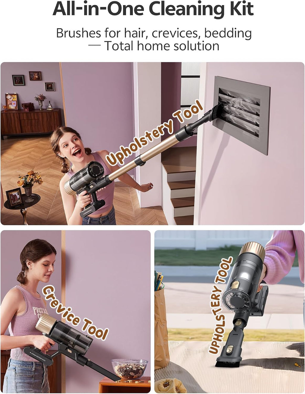 Ultenic Cordless Vacuum Cleaner, 600W 60KPA 65mins Vacuum Cleaners for Home, Cordless Stick Vacuum with Green Light, Self-Standing & 180° Lay-Flat, Anti-Tangled Brush for Floor/Carpet/Pet Hair