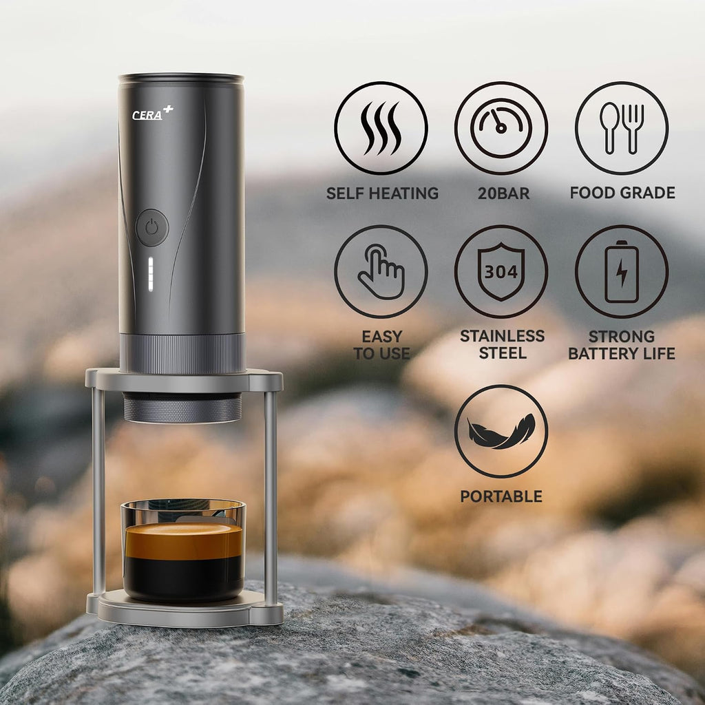 CERA+ Portable Espresso Maker Pro Version Self-Heating Professional-Level Mini Coffee Machine Compatiable with Ultra-Fine Grind For Travel,Camping,Hiking