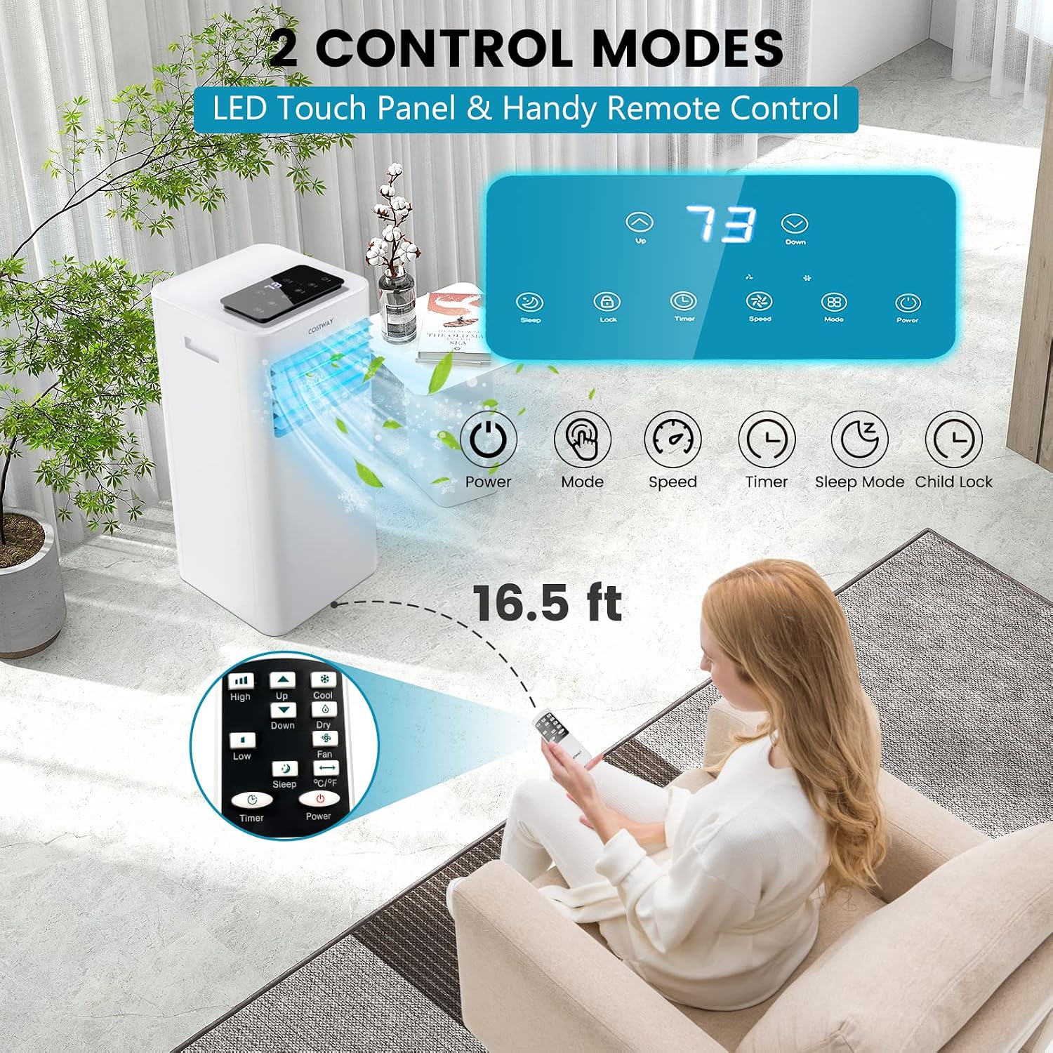 COSTWAY 10000 BTU Portable Air Conditioner, 3 in 1 AC Unit, Fan & Dehumidifier w/Sleep Mode, 24H Timer, LED Display, Child Lock, Remote Control & Window Kit for Bedroom, Office, Dorm (10000BTU)