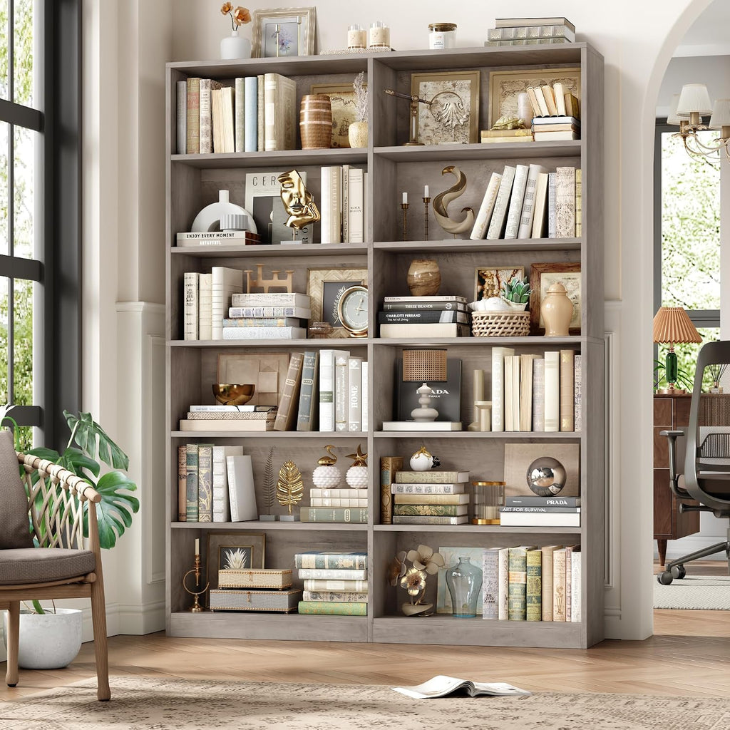 FACBOTALL Bookshelf and Bookcase, 6-Tier Double Wide Bookshelves, Freestanding Display Storage Shelves, Tall Bookcases for Home Decor Bedroom, Living Room, Home Office, Wash Gray