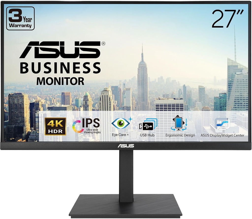 ASUS 27' 4K Business Monitor (VA27UQSB) - UHD (3840 x 2160), IPS, Frameless, HDR10, DisplayPort, Dual HDMI, Speakers, Eye Care, Ergonomic, pivot, swivel, height adjustable, DisplayWidget, 3yr warranty