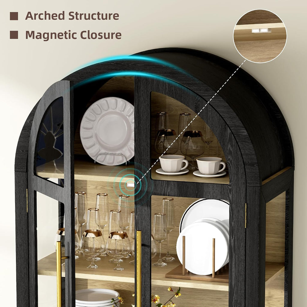 Vlsrka 71' Arched Curio Cabinet with Glass Doors, 4-Shelves Display Cabinet and 2 Drawers, Display Case with 3 Color Lights, Tall Bookcase, Kitchen Pantry, Black+Wood