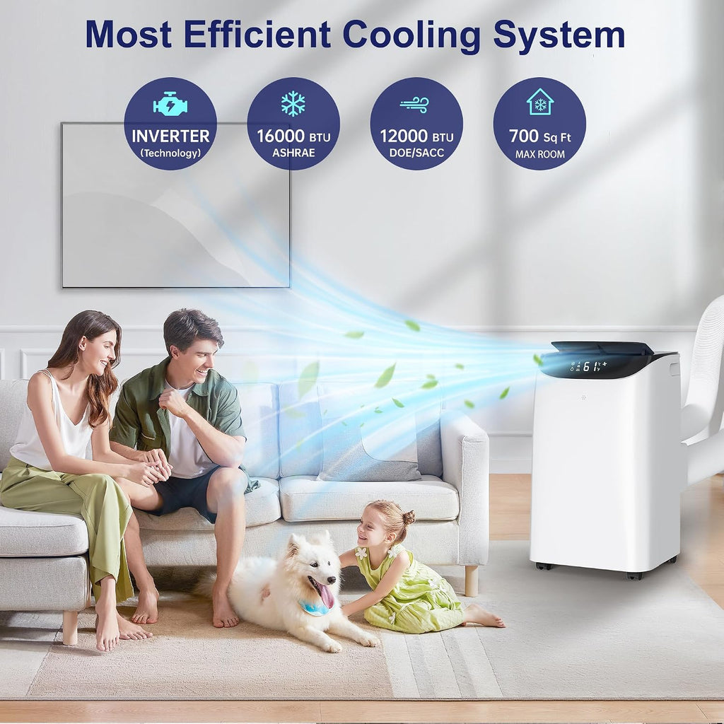 Inverter 16000BTU Portable Air Conditioners with Remote, Free Stand Cooling Portable AC Unit for Room up to 800 sq.ft, with Dehumidifier & Fan, Dual Hose, Quiet Sleep Mode(42dB), Windows Kit