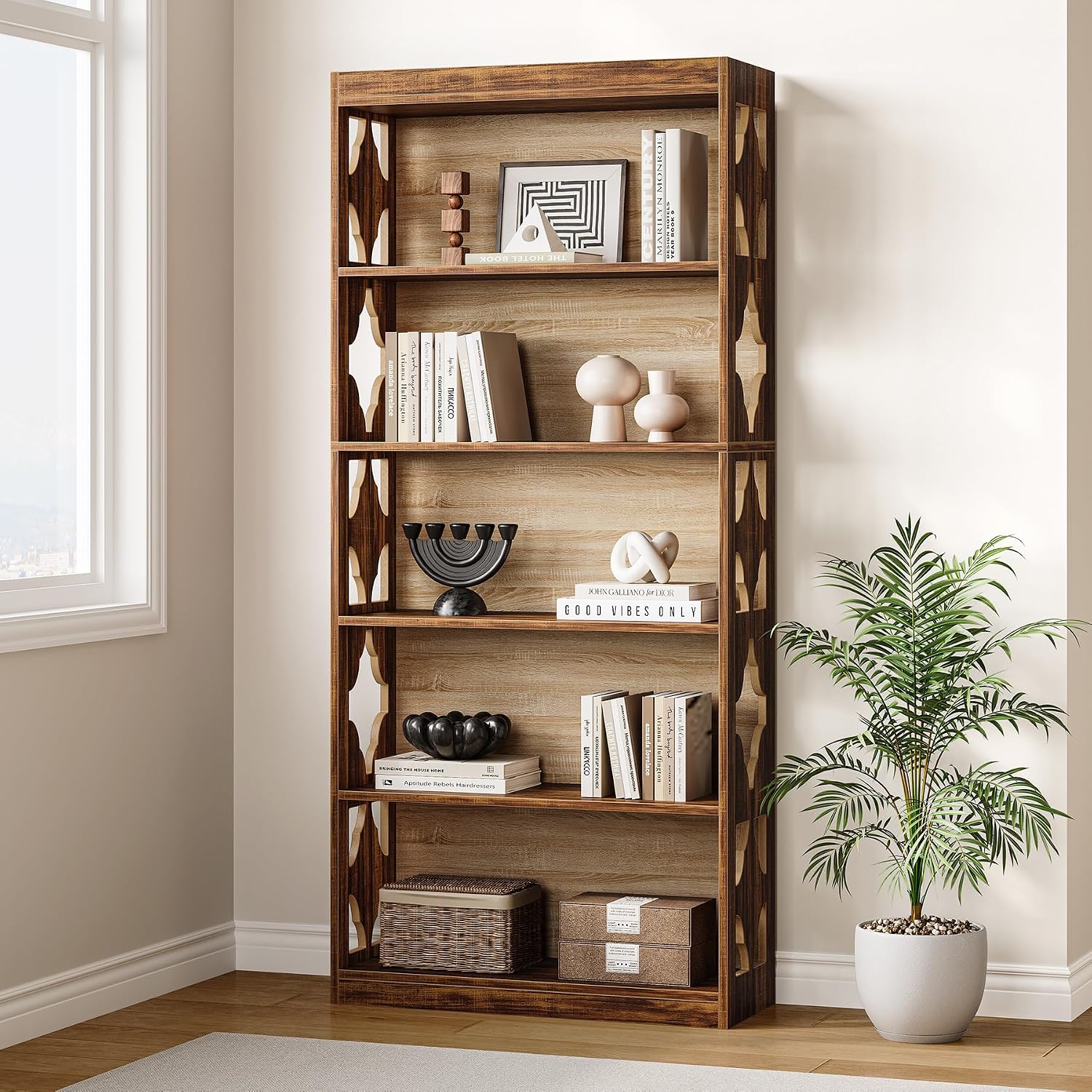 LITTLE TREE 69.9' Vintage Bookshelf, 5-Tier Tall Bookshelves, Cutout Design Vertical Bookcase, Freestanding Storage Display Shelf for Living Room, Bedroom, Study, Office, 1 Pack