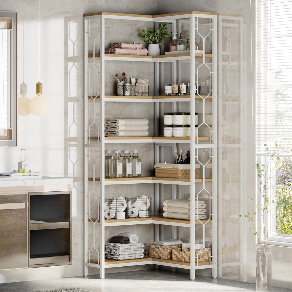 Tribesigns Corner Shelf, 7-Tier Industrial Corner Bookshelf, Wood and Metal Corner Etagere Bookcase, Freestanding Display Shelf for Living Room, Kitchen, Home Office, White and Walnut