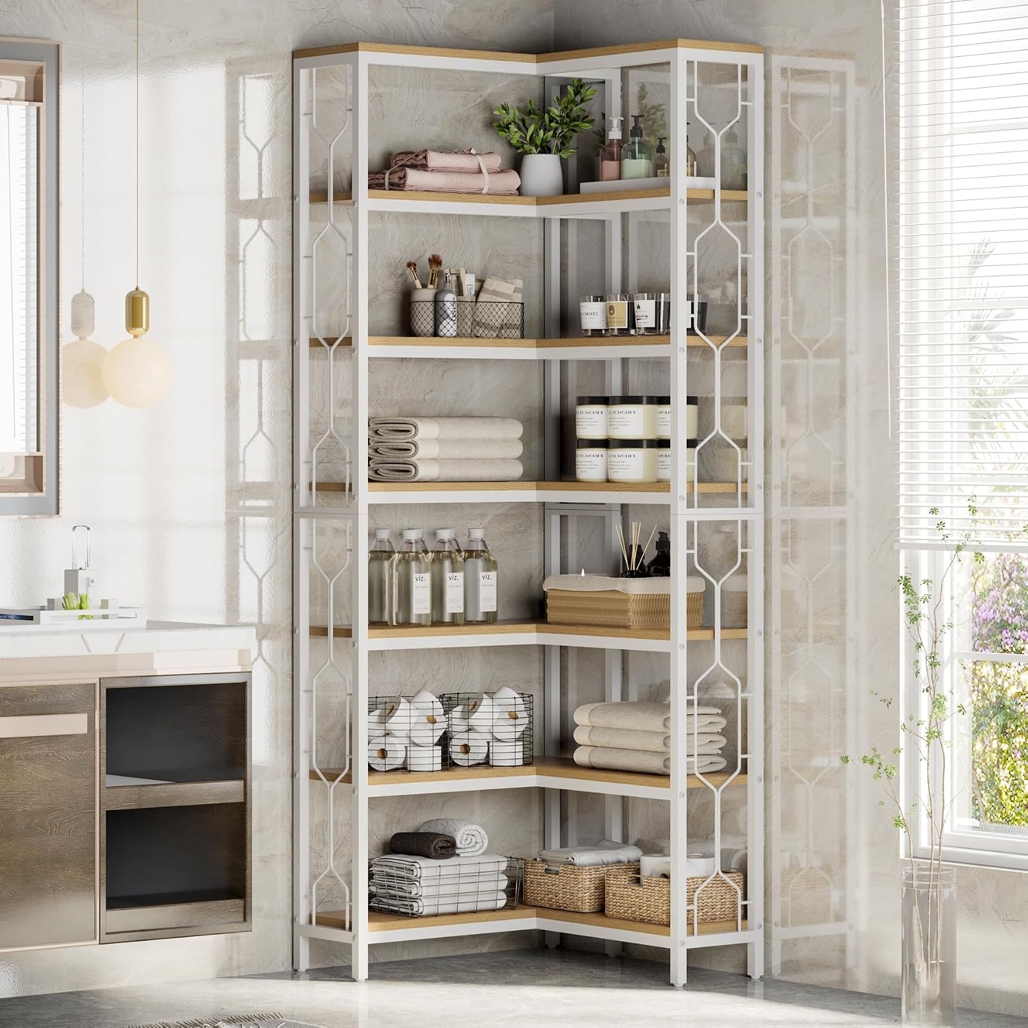 Tribesigns Corner Shelf, 7-Tier Industrial Corner Bookshelf, Wood and Metal Corner Etagere Bookcase, Freestanding Display Shelf for Living Room, Kitchen, Home Office, White and Walnut