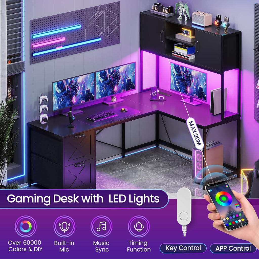 SEDETA Corner Computer Desk, Reversible L Shaped Computer Desk with Fabric Drawers and Power Outlet, Gaming Desk with Led Lights, Hutch and Storage Shelf for Home Office, Black