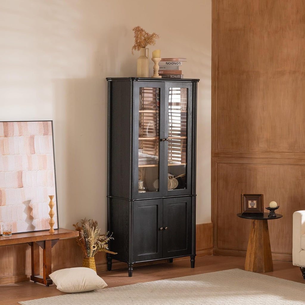 Merax 73.25''H Vintage Display Cabinet with Storage, Mid-Century Modern Pantry Cabinet with Glass Doors, Curio Cabinet for Hallways, Livingroom Kitchen & Office,Black