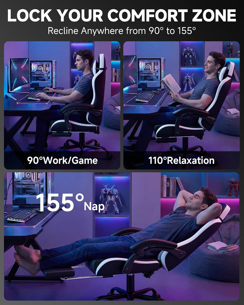 GTPLAYER Gaming Chair, Computer Gaming Chairs for Adults with Footrest, Height Adjustable PC Game Chair with 90-155° Recline & Removable Headrest Lumbar Support, Black-White
