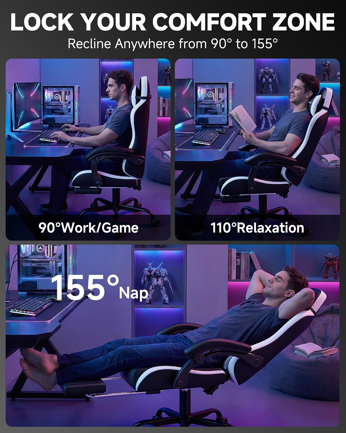 GTPLAYER Gaming Chair, Computer Gaming Chairs for Adults with Footrest, Height Adjustable PC Game Chair with 90-155° Recline & Removable Headrest Lumbar Support, Black-White
