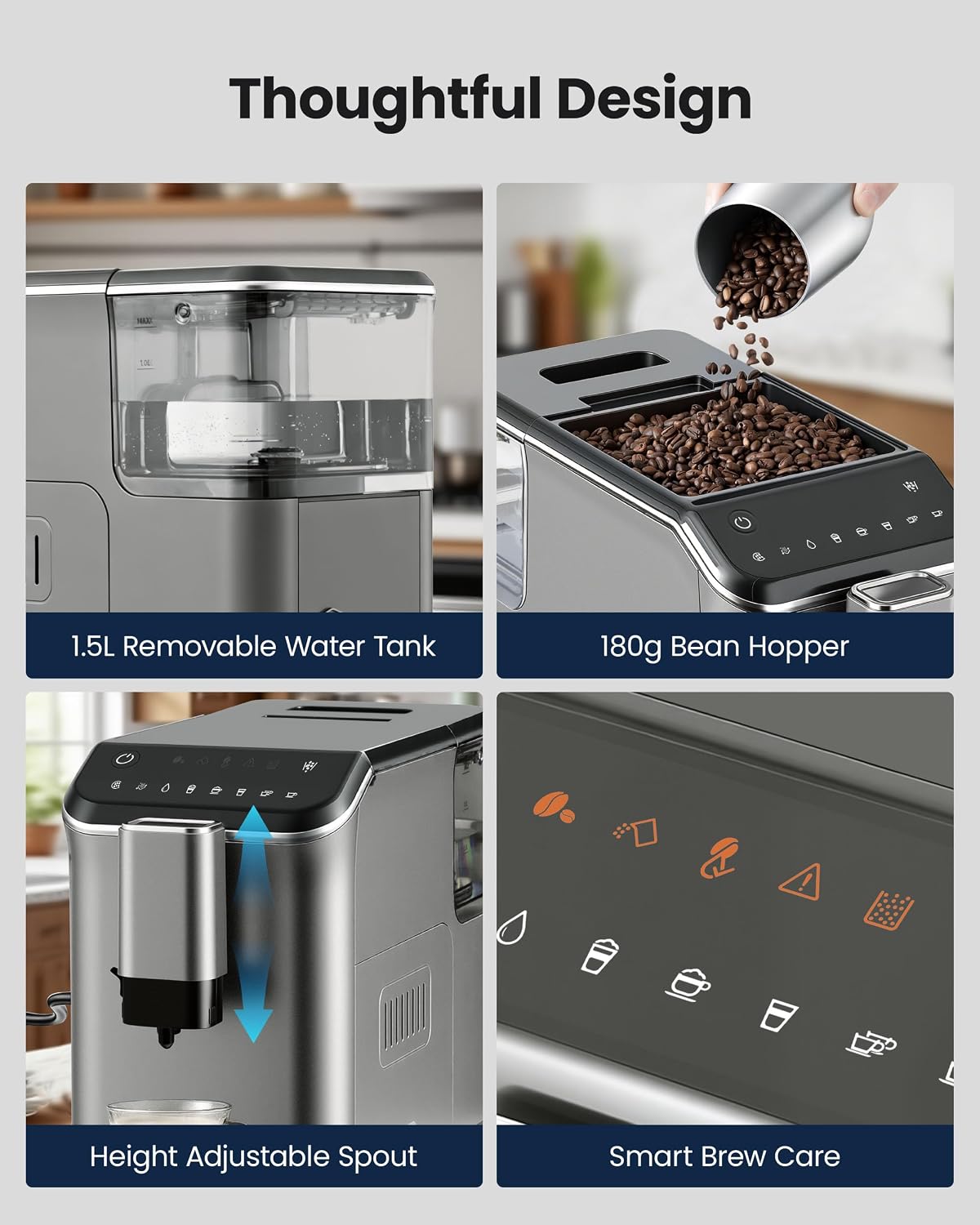 Automatic Espresso Machine, 20 Bar Espresso Maker with Touch Control, 15-Grind Settings Super Automatic Coffee Machine with Integrated Milk Frother, Auto Self-Cleaning
