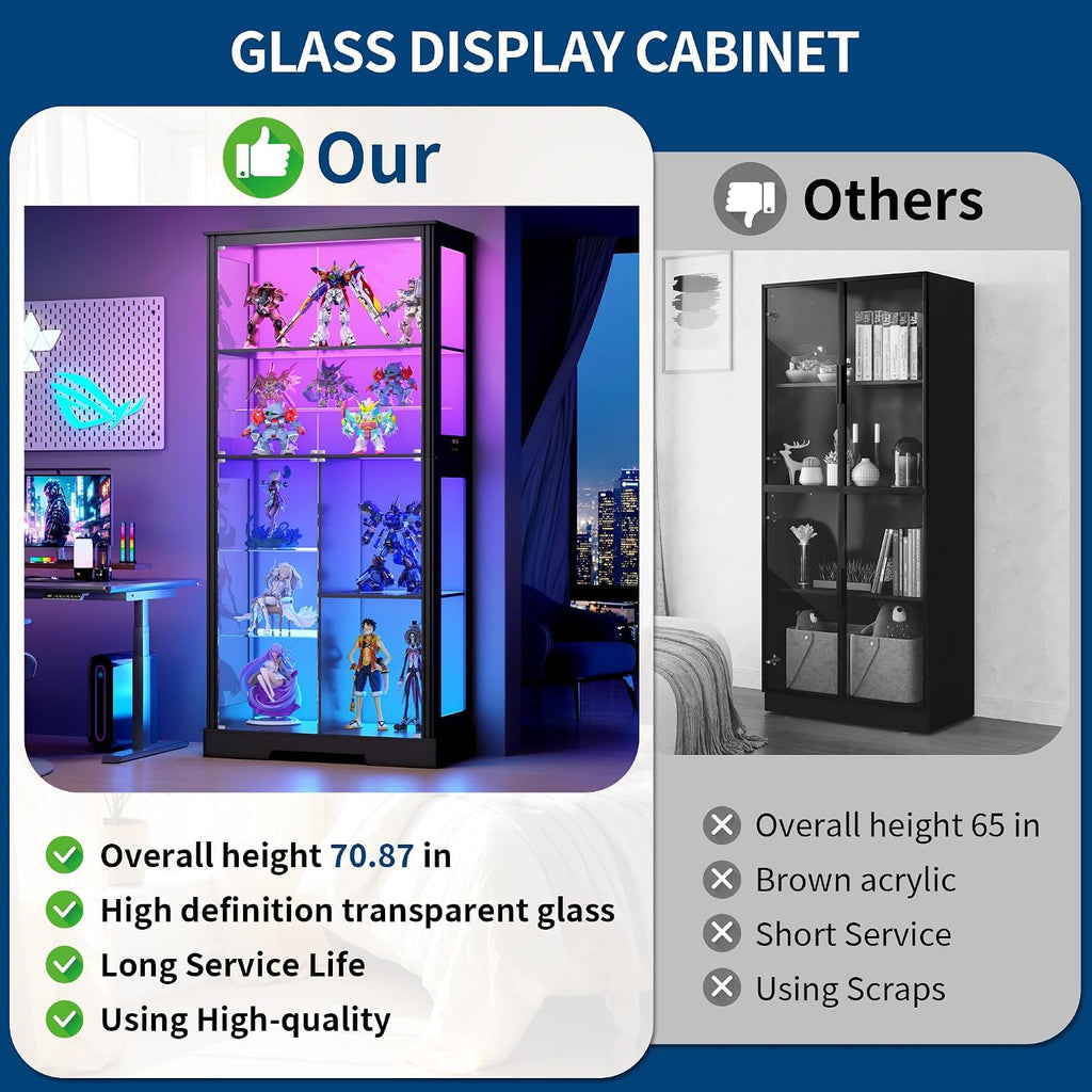 HNEBC Glass Display Cabinet with RGB Lights, 71'' Curio Cabinet with Glass Doors, 5-Tier Display Cases and Human Sensor, Bookcases for Collectibles, Books,Toys, Black