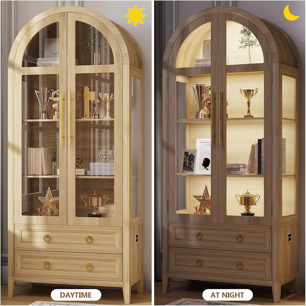 LVSOMT 71' Tall Arched Storage Cabinet with Glass Doors and Drawers, Curio Display Cabinet with Adjustable LED Light & Human Sensor, 4-Tier China Cabinet for Living Room(Wood)