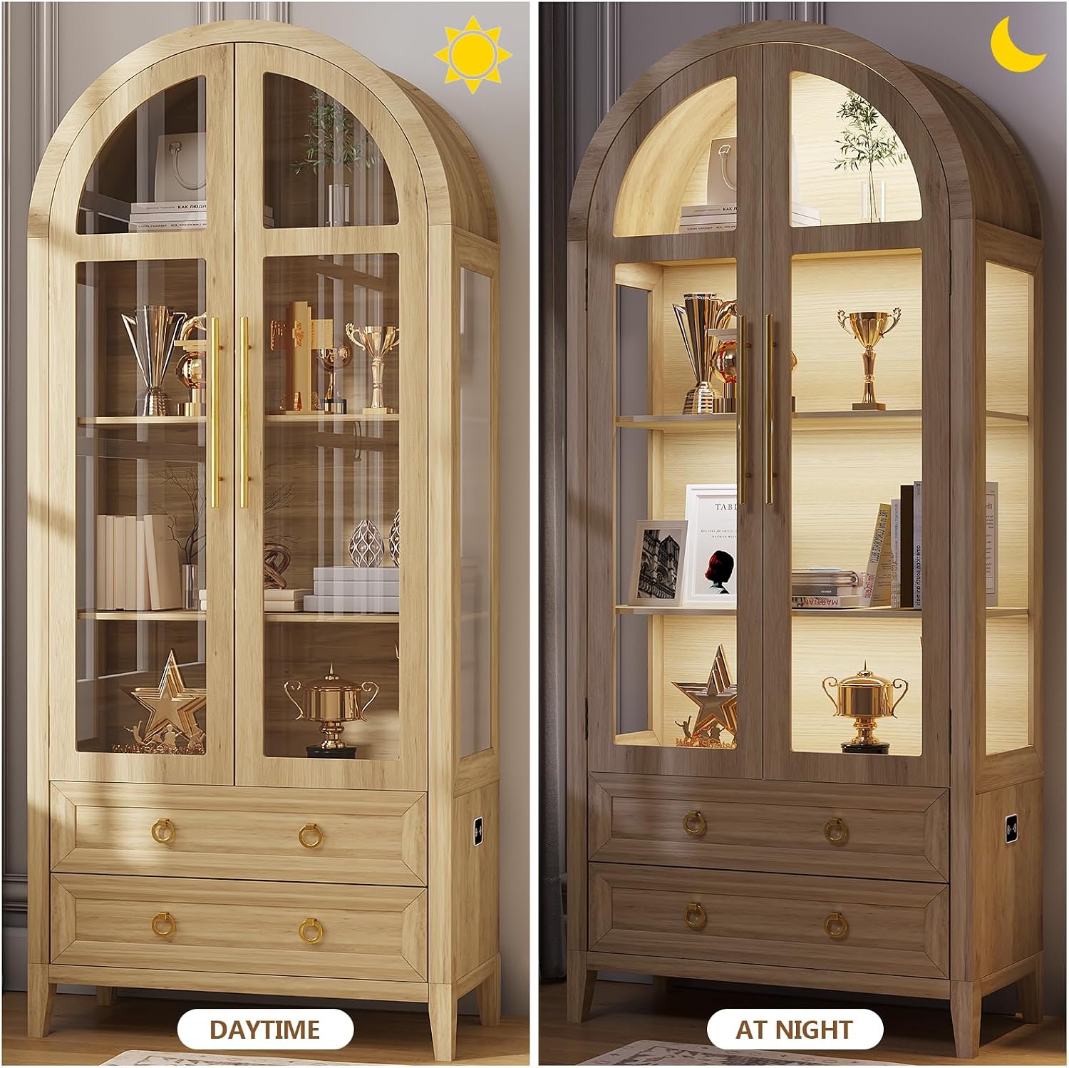 LVSOMT 71' Tall Arched Storage Cabinet with Glass Doors and Drawers, Curio Display Cabinet with Adjustable LED Light & Human Sensor, 4-Tier China Cabinet for Living Room(Wood)