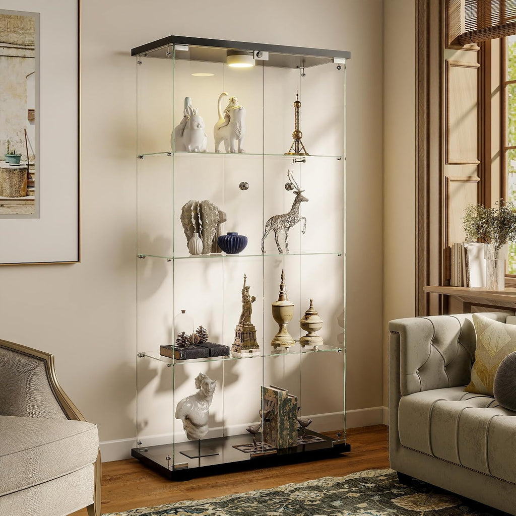 Glass Display Cabinet with LED Lights and Lock, 4-Shelf Tempered Glass Curio Cabinet with 2 Doors, Collectible Display Showcase for Living Room, Bedroom – Black