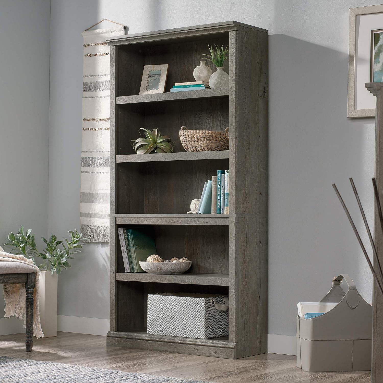 Sauder 5 Tier Book Shelf Wooden Bookcase Multipurpose Bookshelf for Home Office, Living Room, in Mystic Oak