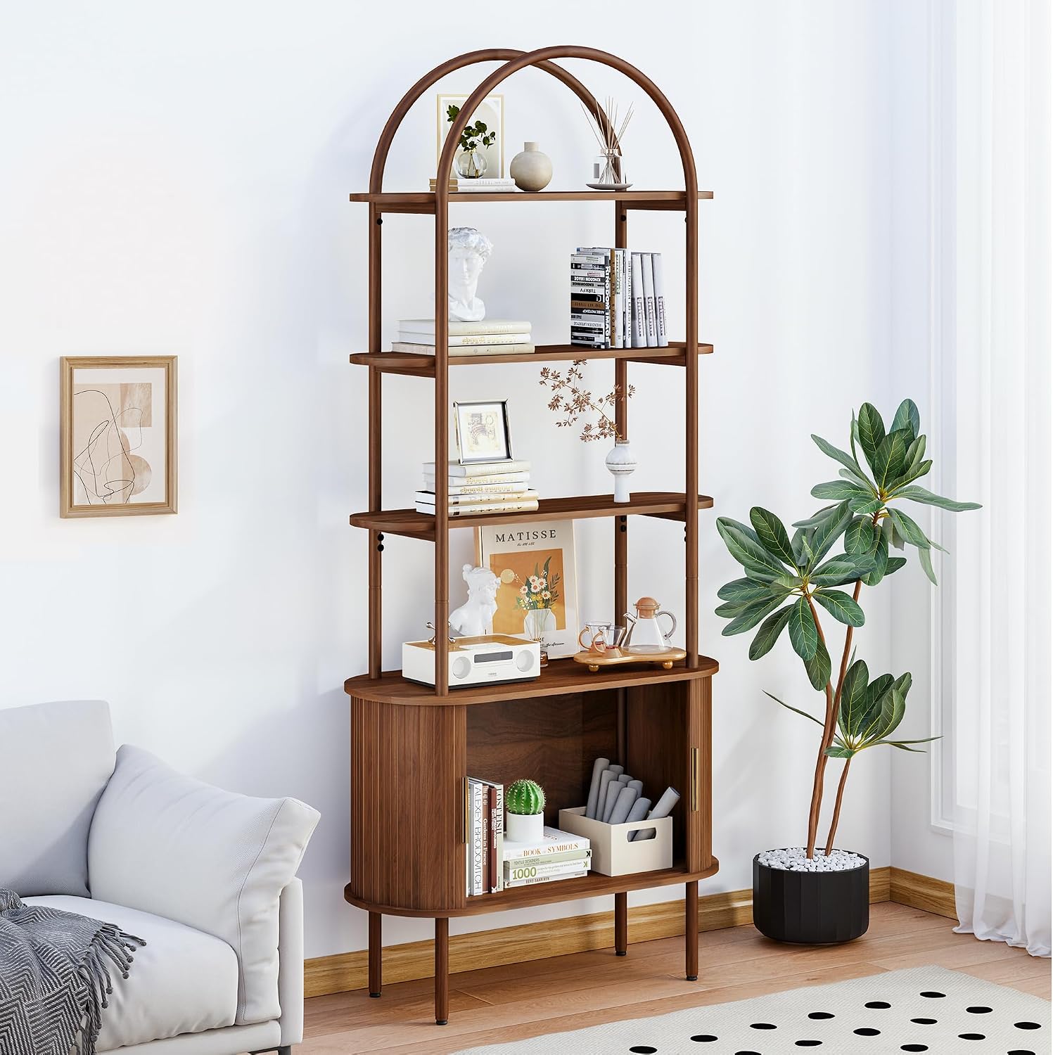 71' Tall Arched Bookshelf with Storage Cabinet, Mid Century Modern Bookcase Cabinet, Curved Frame Bookcase, Industrial Storage Display Shelving for Living Room, Bedroom, Home Office (Walnut Brown)