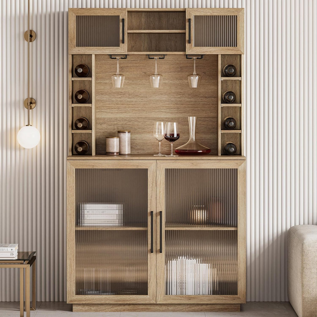 BELLEZE Coffee Wine Bar Cabinet with Power Outlet, 72' Rustic Liquor Cabinet, Fluted Buffet Cabinet with Storage Kitchen Pantry Cupboard Wine & Glasses Rack Server with Hutch for Dining Room - Camel