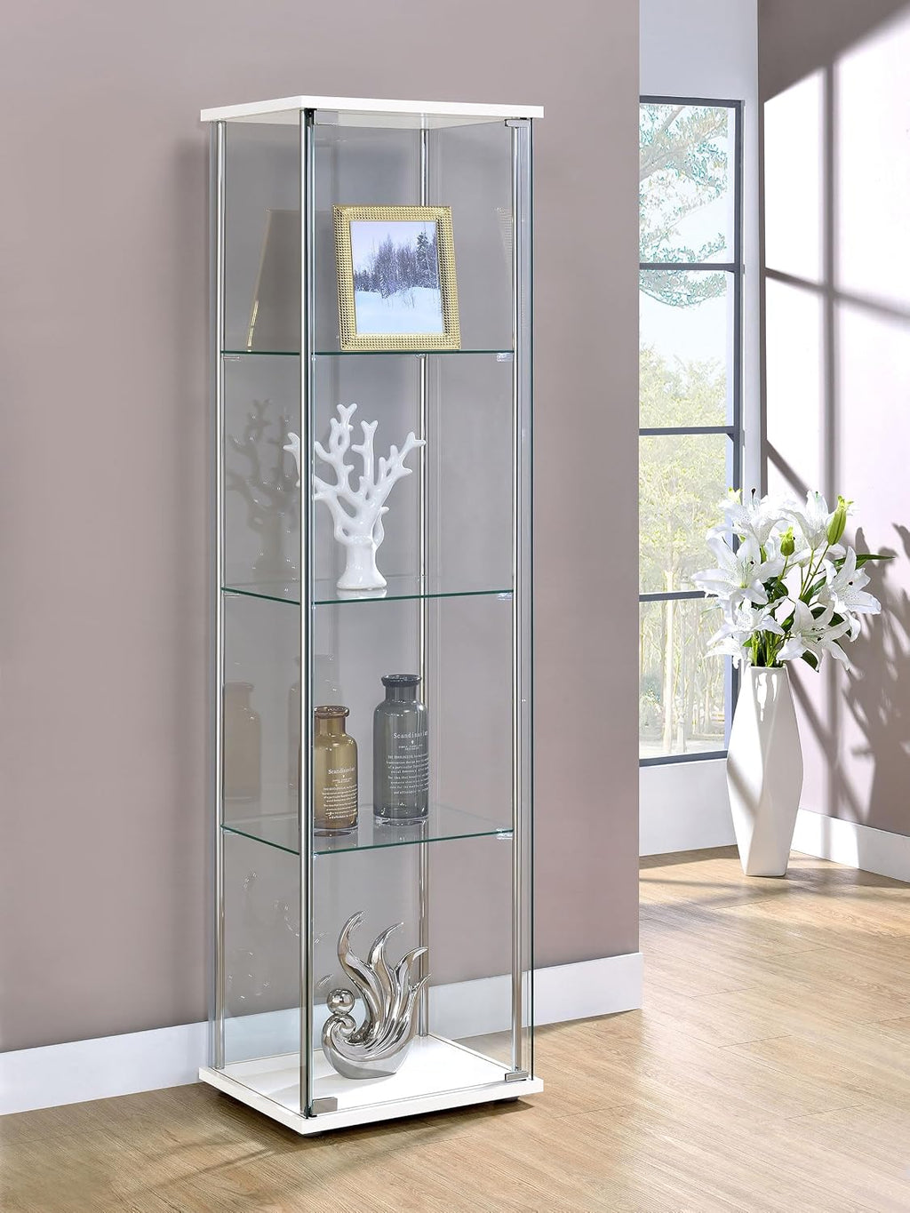 Coaster Home Furnishings - Bellatrix - Glass - 3-Shelf Curio Cabinet with Metal Frame, One Door, and Black Hardware - Living Room - 64-Inch - White - 951072