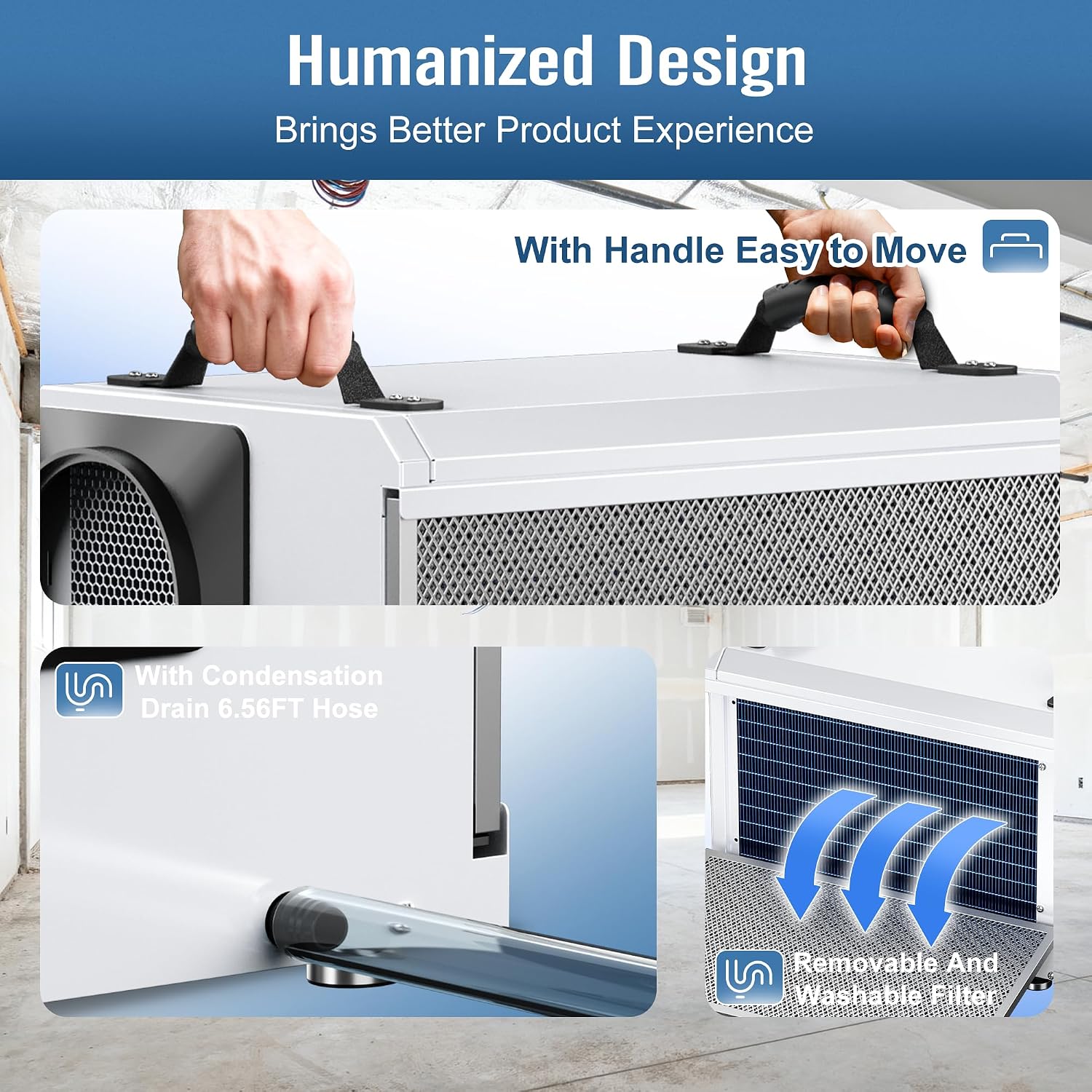 145 Pints Commercial Dehumidifier for Large Basements & Crawl Spaces up to 6500Sq.Ft, Industrial Dehumidifiers for Water Damage Restoration, Auto Defrost, Continuous Drain Hose, Memory Function, White