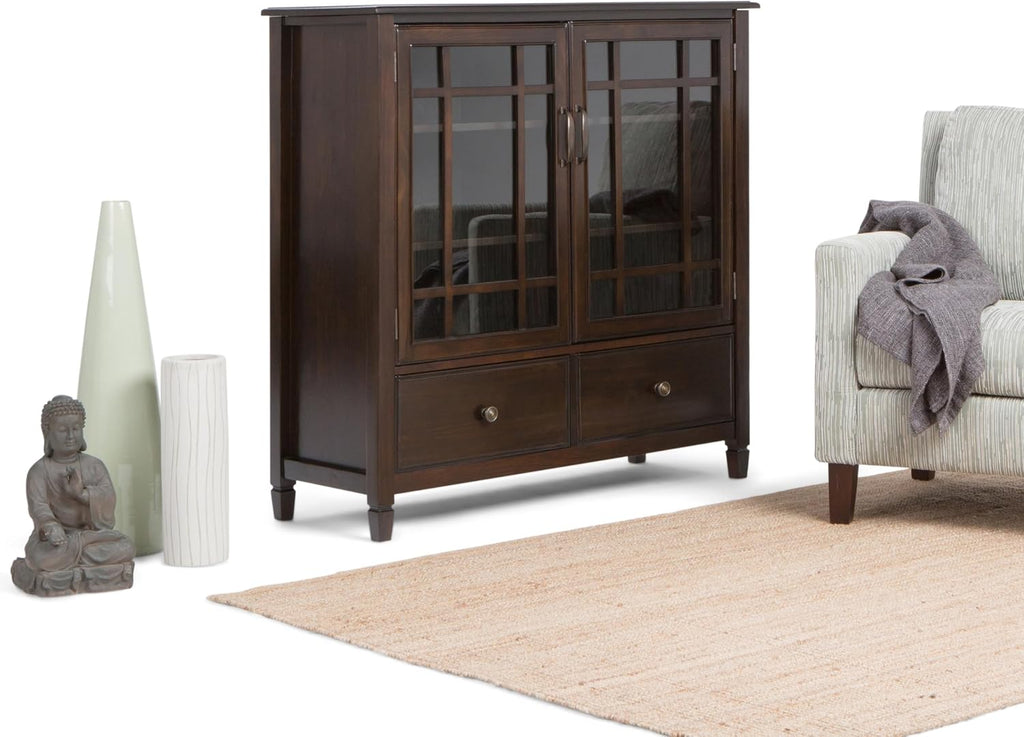 SIMPLIHOME Connaught Storage Cabinet - 46 inch Wide Solid Wood Tall Cabinet in Dark Chestnut Brown, Traditional Console for Living Room or Dining Room with Glass Doors, Adjustable Shelves, and Drawers