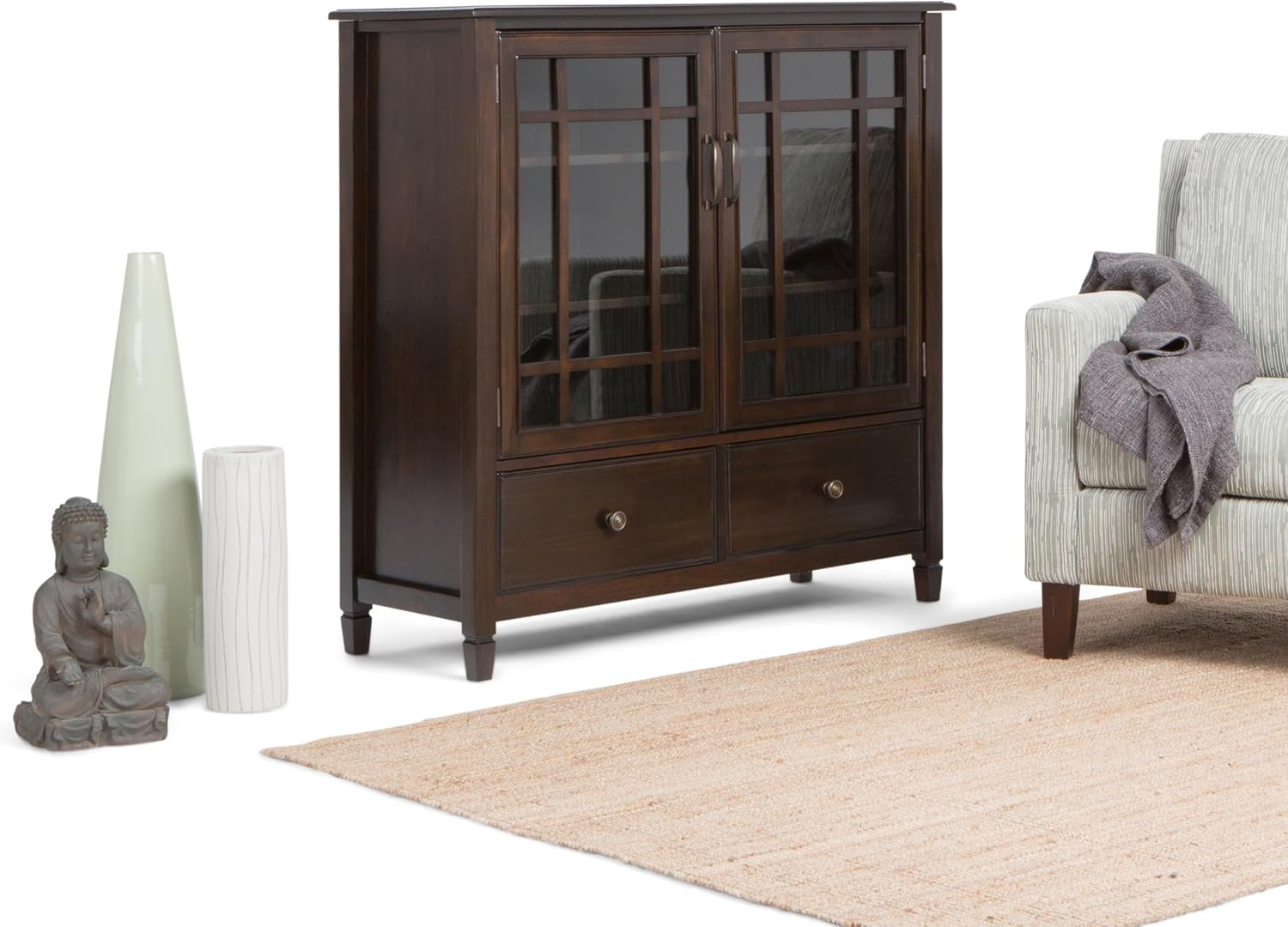 SIMPLIHOME Connaught Storage Cabinet - 46 inch Wide Solid Wood Tall Cabinet in Dark Chestnut Brown, Traditional Console for Living Room or Dining Room with Glass Doors, Adjustable Shelves, and Drawers