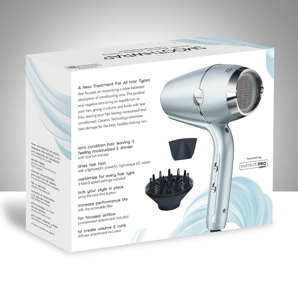 Infiniti PRO CONAIR SmoothWrap Hair Dryer,Blow Dryer with Diffuser and Concentrator Attachments,Advanced Plasma and Ceramic Technology for Less Frizz,More Volume-and Body,Mint,(Pack of 2)