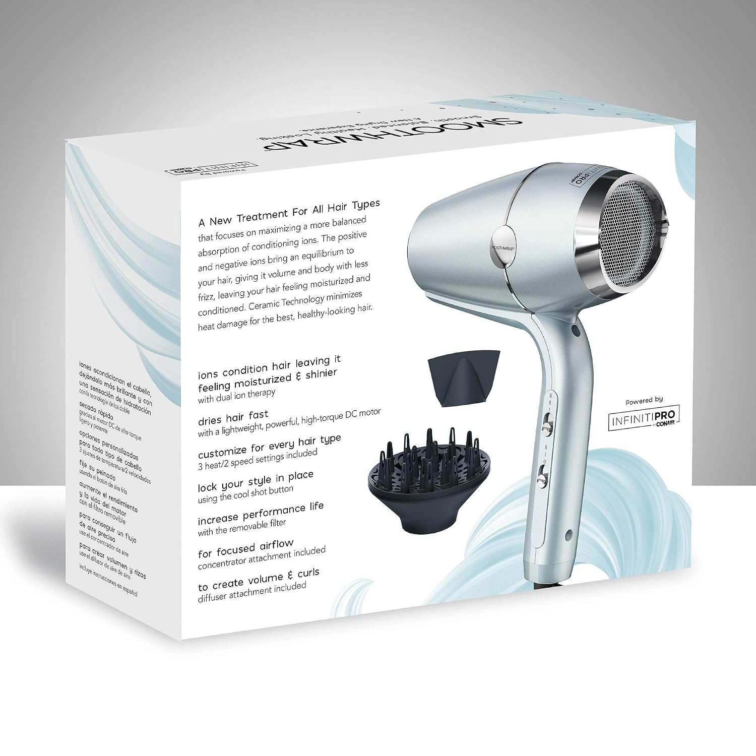 Infiniti PRO CONAIR SmoothWrap Hair Dryer,Blow Dryer with Diffuser and Concentrator Attachments,Advanced Plasma and Ceramic Technology for Less Frizz,More Volume-and Body,Mint,(Pack of 2)