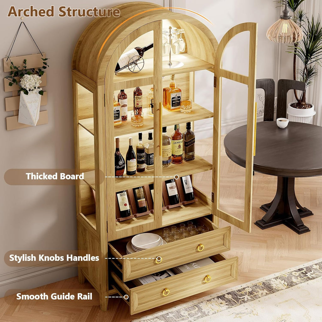 LVSOMT 71' Tall Arched Storage Cabinet with Glass Doors and Drawers, Curio Display Cabinet with Adjustable LED Light & Human Sensor, 4-Tier China Cabinet for Living Room(Wood)
