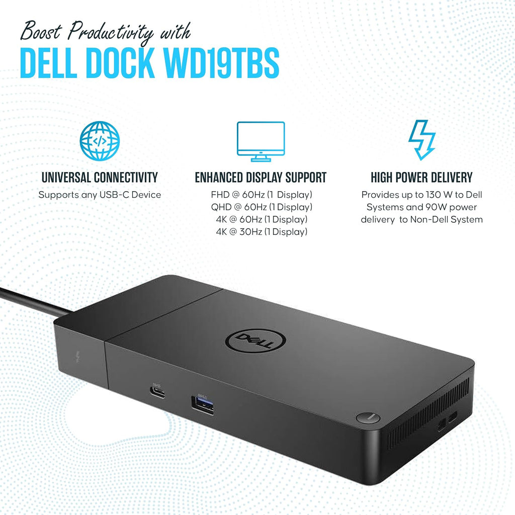 Dell WD19TBS Thunderbolt Dock - USB C Docking Station Dual Monitor with 180W AC Adap TER, HDMI Cable, DisplayPort Cable & Cleaning Cloth - Laptop & Computer Docking Station (Renewed)