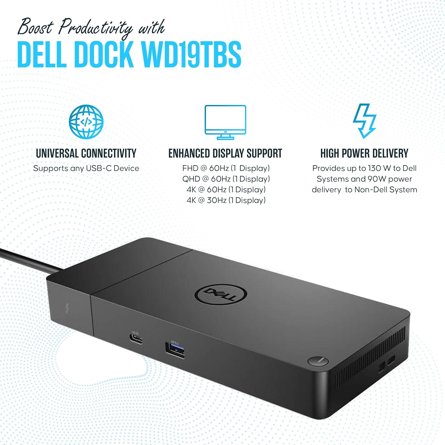 Dell WD19TBS Thunderbolt Dock - USB C Docking Station Dual Monitor with 180W AC Adap TER, HDMI Cable, DisplayPort Cable & Cleaning Cloth - Laptop & Computer Docking Station (Renewed)