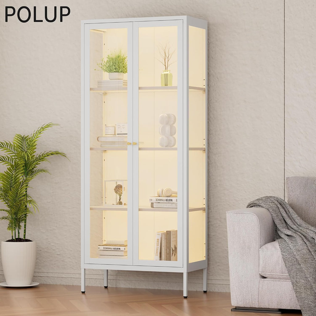 Polup Display Cabinet with 3 Color LED Lights and Tempered Glass, 66 Inch Tall Curio Cabinet with 3 Side Glass, White Display Case for Collectibles, Lighted Cabinets for Living Room- Assemble Required